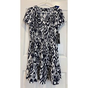 NWT Be by Chetta B Dress Women's PL Petite Short Sleeve Navy/White Ikat‎ Print